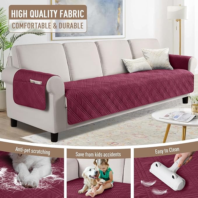 TAOCOCO Waterproof Oversized Couch Covers for Pets Dogs with Non Slip Backing, Sofa Seat Covers with Pocket for 4 Cushion Couch Washable Dog Couch Protector Sofa Slipcovers(Oversized Sofa, Wine)