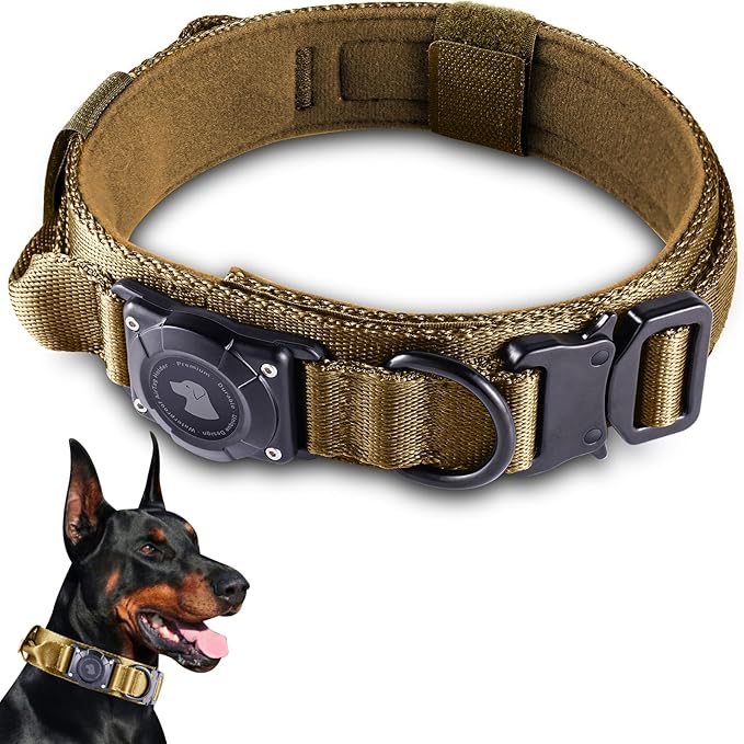 2026 Upgrade Waterproof AirTag Dog Collar, Military Tactical Dog Collar with AirTag Holder, Comfortable Control Handle and Metal Buckle, GPS Dog Collar Holder for Medium to Large Dogs (Khaki,X L)