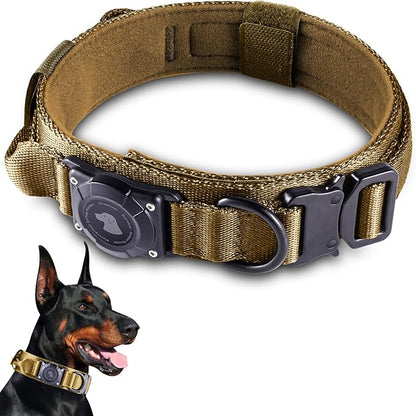 2026 Upgrade Waterproof AirTag Dog Collar, Military Tactical Dog Collar with AirTag Holder, Comfortable Control Handle and Metal Buckle, GPS Dog Collar Holder for Medium to Large Dogs (Khaki, M)