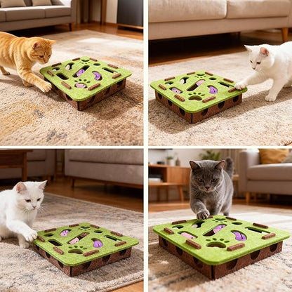 Cat Scratch Puzzle Enrichment Box with 3 Jingle Balls, Interactive Cat Toy Maze for Indoor Cats, No Assembly, Mental Stimulation Toys for Bored Kittens to Chase & Play