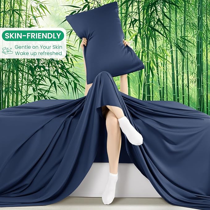 SONORO KATE 100% Viscose Derived from Bamboo_Sheets Queen Size, Ultra Breathable & Cooling Bed Sheets for Hot Sleepers, Hotel Luxury Silky Bedding Sheets, 16" Deep Pocket - 4PC (Navy Blue,Queen)