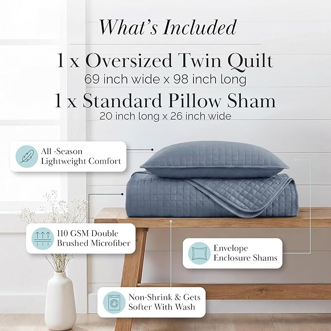 Southshore Fine Living, Inc. Twin Quilt Set, Quilted Blue Bedspread Twin/XL Quilt with Matching Pillow Sham, Soft Microfiber, Lightweight Coverlet Set, Easy Care, Machine Washable, Slate Blue