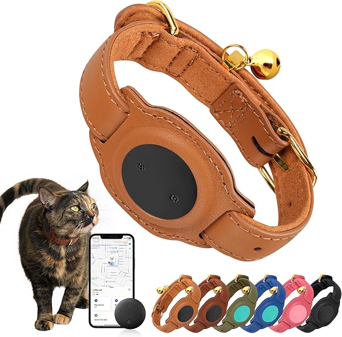 Cat Tracker, GPS Pet Tracker for Cats (Only iOS), Leather Cat Collar with Tracker, Works with Any Collar, No Monthly Fee, Compatible with Apple Find My App not for Android (Light Brown)