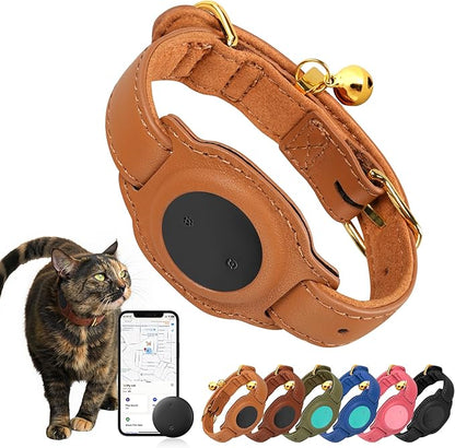 Cat Tracker, GPS Pet Tracker for Cats (Only iOS), Leather Cat Collar with Tracker, Works with Any Collar, No Monthly Fee, Compatible with Apple Find My App not for Android (Light Brown)
