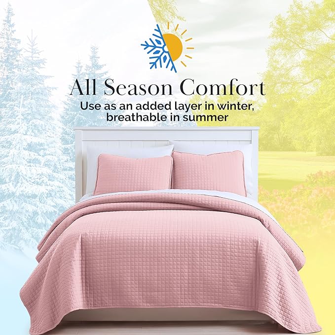 Southshore Fine Living, Inc. Pink King Quilt Set with 2 Pillow Shams, Stitched Lightweight Coverlet, King Size, Stain & Pet Hair Resistant Bedding Set, Fits Standard or California Beds, Pastel Pink