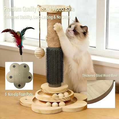 Wooden Cat Scratching Post with Brush, 4 in 1 Cat Scratcher Kitten Toys for Indoor Cats, 17.7" Tall Sisal Post with Two-Laye Wooden Ball Track, Ideal for Small Medium Cat