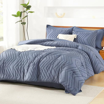 Litanika California King Size Comforter Set with Sheets Bluish Grey - 7 Pieces Bed in a Bag Cal King Chevron Tufted Complete Bedding Sets with Comforter, Sheets, Pillowcases & Shams