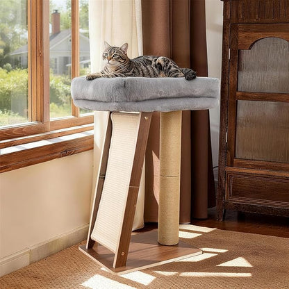 27.5" Cat Scratching Post, 3-in-1 Multifunctional Walnut Finish Pine Wood Cat Furniture, Tall Scratch Posts with Perch&Scratcher, Boxed with Hanging Bell Toy, Medium