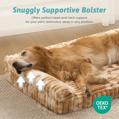 COZY KISS Large Dog Bed, Faux Rabbit Fur Orthopedic Foam Dog Bed with Sides, Removable Washable Cover & Waterproof Lining, Comfortable Pet Couch for Large Dogs, Tie-Dye Brown (44" L x 32" W x 7" Th)
