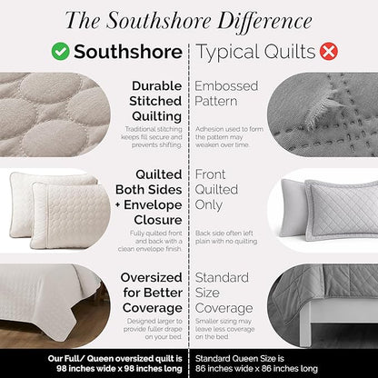 Southshore Fine Living, Inc. Quilted Summer Comforter, Queen Size Bedding Set with 2 Quilted Pillow Shams, Geometric Circle Design Coverlet, Queen/Full Size Bedspread, Lightweight Quilt, Bone
