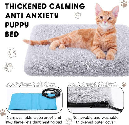 Heating Pad for Cats Dogs, Thickened Calming Anti Anxiety Puppy Bed, Anti-Slip Fluffy Plush Faux Fur Cat Bed with Removable Washable Cover Non-Slip Bottom, Electric Cat Warming Pad(20 x 16)