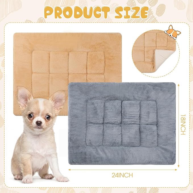 Dunzy 2 Pack Dog Bed Mat 24x18 Memory Foam Pet Crate Pad Orthopedic Dog Bed for Small Medium Breed Soft Comfy Faux Fur Linen Reversible Machine Washable Kennel Cozy Sleeping Mat Light Gray Camel