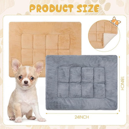 Dunzy 2 Pack Dog Bed Mat 24x18 Memory Foam Pet Crate Pad Orthopedic Dog Bed for Small Medium Breed Soft Comfy Faux Fur Linen Reversible Machine Washable Kennel Cozy Sleeping Mat Light Gray Camel