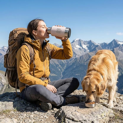 32oz Insulated Dog Water Bottle Dispenser, 3-in-1 Stainless Steel Travel Cup with 2 Detachable Food and Water Bowls, Leak Proof Large Pet Gear, Dog Mom Gift for Dog Lovers