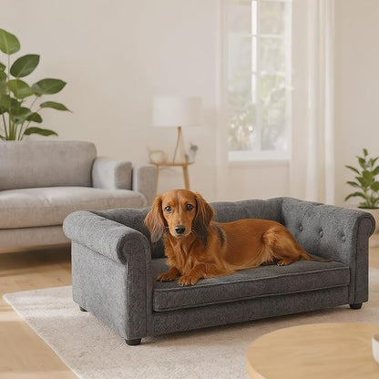 Elevated Dog Sofa with Backrest and Armrests, Button Tufted Dog Couch Bed with Soft Cushion for Medium Dogs, Stylish Lounging Bed Pet Couch Chair, 60Lbs Weight Capacity, Dark Gray