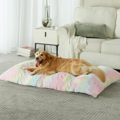 BFPETHOME Dog beds for Large Dogs, Plush Crate Bed with Fluffy Cozy Kennel pad, Washable Mats with Anti-Slip Bottom for Large Dogs, 41"x27", Rainbow