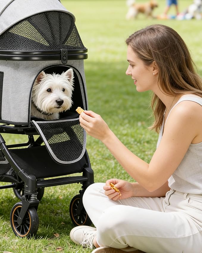 GTPLAYER Pet Stroller with Matching Stroller Mat Set, for Small Dogs and Cats Up to 45 lb, Detachable Carrier, One-Hand Fold, Stroller: Grey, Mat: Grey