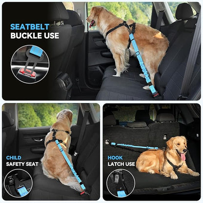 Pawaboo 2Pack 3-in-1 Dog Seatbelt for Car, Shockproof Bungee Dog Tether with 360° Lockable Buckle & Hook Latch, Adjustable Reflective Pet Safety Harness Leash for Vehicle, Black+Blue