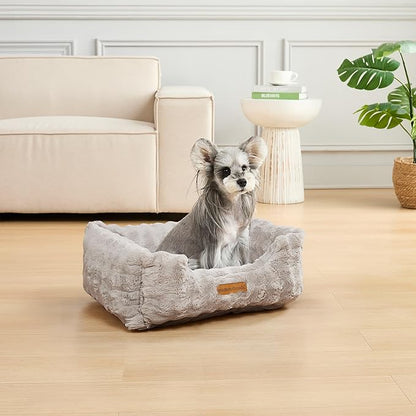 Modern Threads Brushed Long Pile Rabbit Fur Cuddler Dog Bed, Bolstered Supportive Sides, Calming Nest Design, Removable Washable Cover, Bed for Small to Medium Dogs, Stone, (24" L x 20" W x 8" Th)