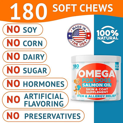 Omega 3 Fish Oil for Dogs (180Ct) - Skin&Coat Chews - Dry & Itchy Skin Relief + Allergy Support - Shiny Coat - EPA&DHA Fatty Acids - Salmon Oil Chews Promotes Heart