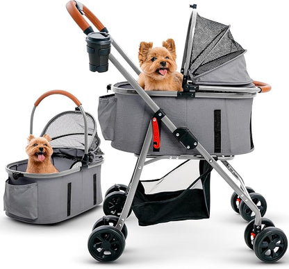 Pet Stroller for Small Medium Dogs & Cats – 2-in-1 Detachable Carrier, Zipperless Entry, Lightweight Folding Travel Stroller with Storage Basket, Cup Holder, Gray