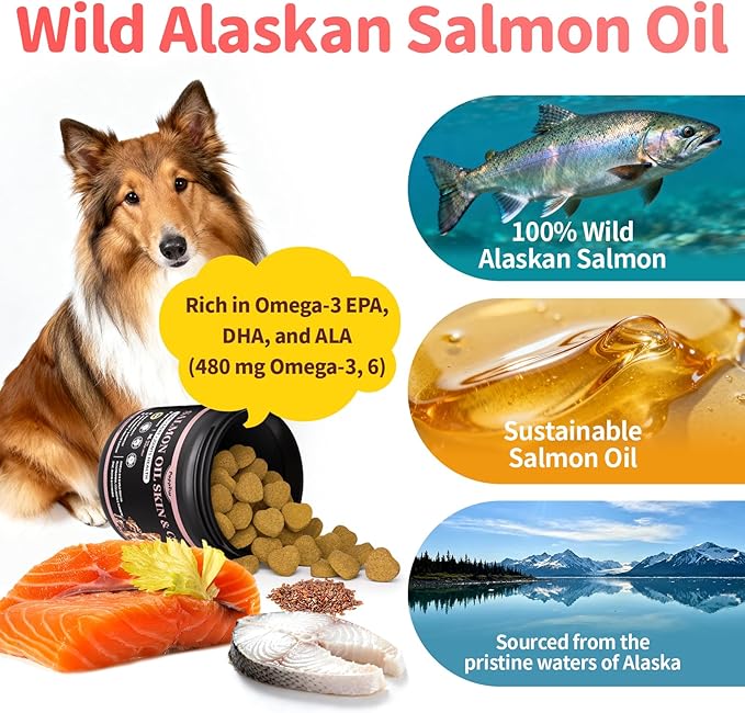 Salmon Oil for Dogs Skin & Coat, 13 in 1 Wild Alaskan Fish Oil for Dogs - Omega 3 EPA & DHA & ALA Fatty Acids, Dog Allergy Relief Chews, Joint & Immune Support, 135 Count, Chicken Flavor, Soft Chews
