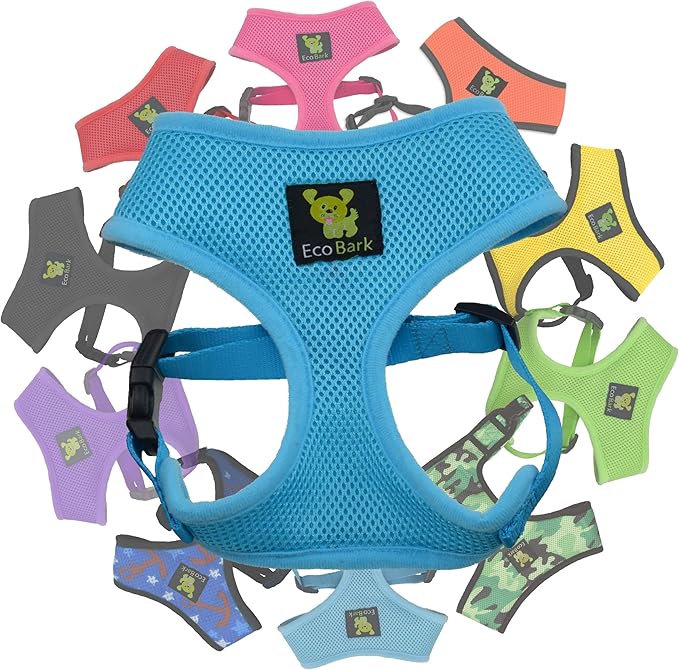 EcoBark Dog Harness - Eco-Friendly Max Comfort Harnesses - Luxurious Soft Mesh Halter - Over The Head Harness Vest- No Pull and No Choke for Puppy, Small Breeds & Medium Dogs (Large, Sky Blue)