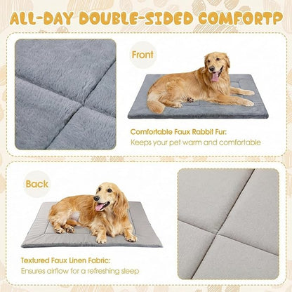 Dunzy 2 Pack Dog Bed Mat 35x23 Memory Foam Pet Crate Pad Orthopedic Dog Bed for Large Medium Breed Soft Comfy Faux Fur Linen Reversible Machine Washable Kennel Cozy Sleeping Mat Light Gray Dark Gray