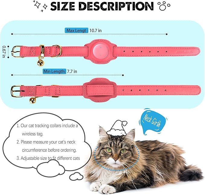 Cat Tracker, GPS Pet Tracker for Cats (Only iOS), Leather Cat Collar with Tracker, Works with Any Collar, No Monthly Fee, Compatible with Apple Find My App not for Android (Pink)