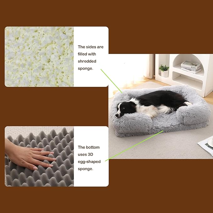 Orthopedic Dog Bed for Medium Dogs - Washable Memory Foam Pet Sofa, Fluffy Plush Rectangular Bed, Waterproof Anti-Anxiety Couch, Light Gray, M