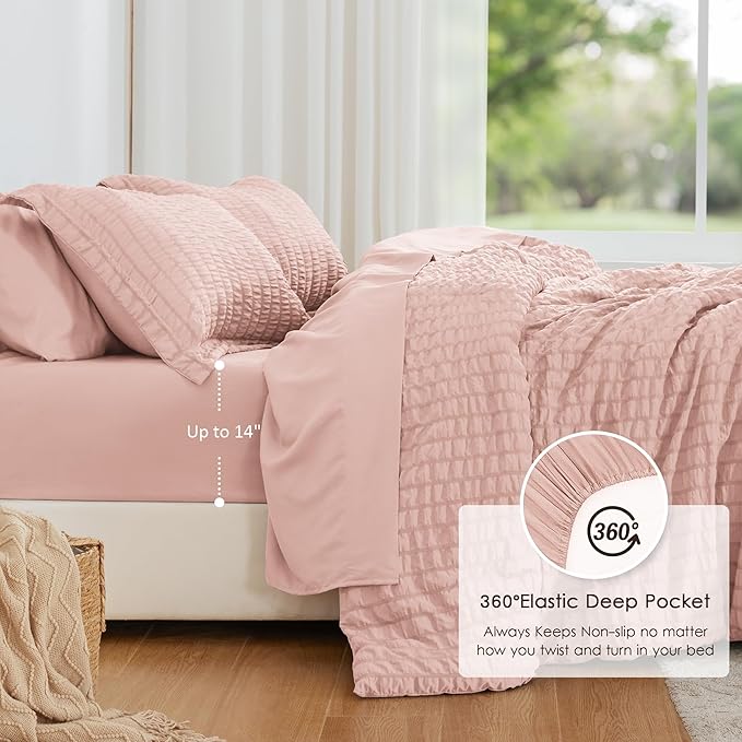 Love's cabin Seersucker Pink King Size Comforter Set, 7-Piece All Season Lightweight Bed in a Bag Bedding Set with Comforter, Flat Sheet, Fitted Sheet, Pillowcases and Shams | Soft, Breathable, Lightweight