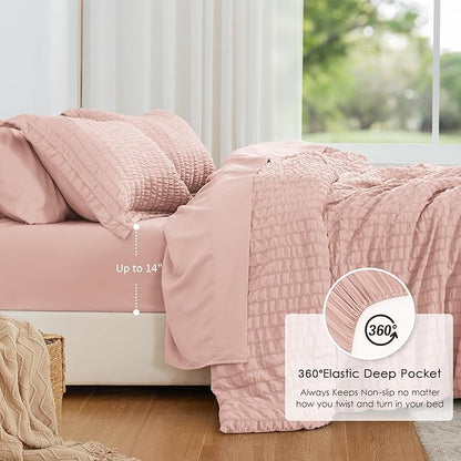 Love's cabin Seersucker Pink California King Comforter Set, 7-Piece All Season Lightweight Bed in a Bag Bedding Set with Comforter, Flat Sheet, Fitted Sheet, Pillowcases and Shams | Soft, Breathable, Lightweight