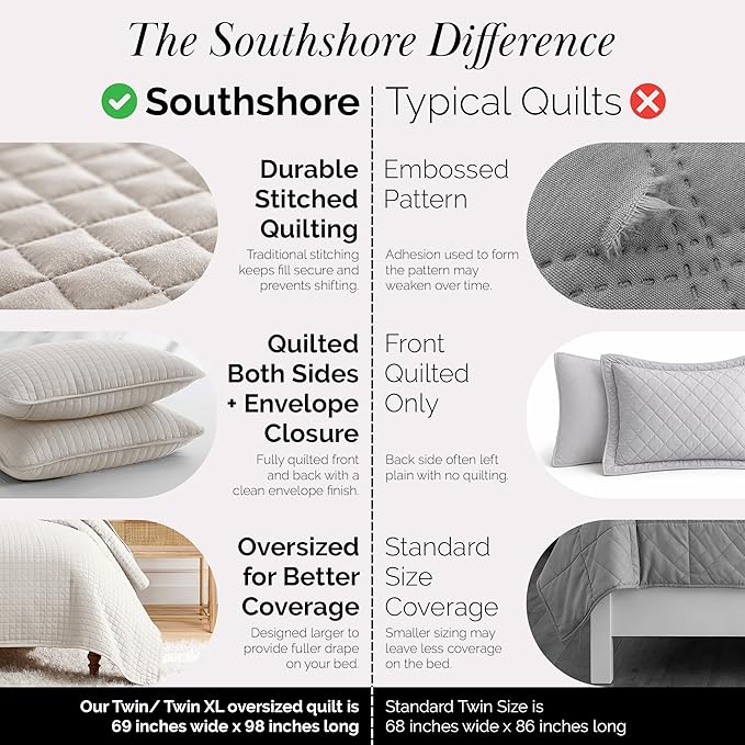 Southshore Fine Living, Inc. Twin Quilt Bedding Set, Microfiber Quilt Comforter, XL Twin Bedspread Coverlet, Pet Hair Resistant Bedding Set, Natural Beige Bedspread with Matching Pillow Sham, Bone