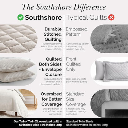 Southshore Fine Living, Inc. Twin Quilt Bedding Set, Microfiber Quilt Comforter, XL Twin Bedspread Coverlet, Pet Hair Resistant Bedding Set, Natural Beige Bedspread with Matching Pillow Sham, Bone