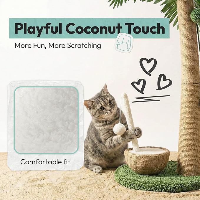33" Tall Cat Scratching Post, Natural Jute Cat Scratcher for Indoor Cats,Coconut Tree & Straw Design with Hanging Toy Ball & Rest Platform,Stable Furniture Protector for Kittens & Adult Cats,M