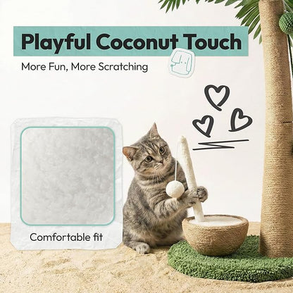 33" Tall Cat Scratching Post, Natural Jute Cat Scratcher for Indoor Cats,Coconut Tree & Straw Design with Hanging Toy Ball & Rest Platform,Stable Furniture Protector for Kittens & Adult Cats,M