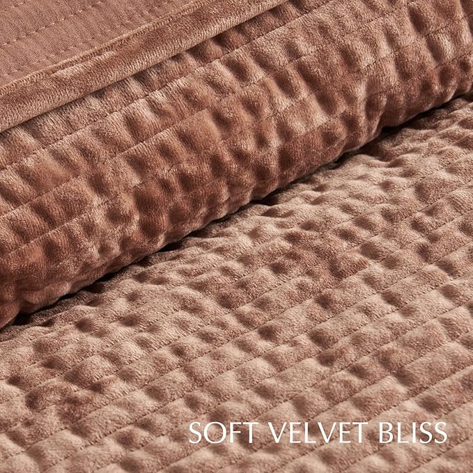EVERGRACE Velvet Quilt Set Queen Size, Luxurious Soft Quilted Bedding Sets, Lightweight Velvet Comforter for All Season, Striped Channel Bedspread Coverlet with 2 Shams, Terracotta Clay