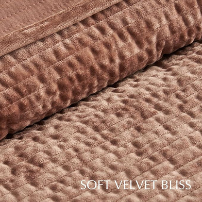EVERGRACE Velvet Quilt Set King Size, Luxurious Soft Quilted Bedding Sets, Lightweight Velvet Comforter for All Season, Striped Channel Bedspread Coverlet with 2 Shams, Terracotta Clay
