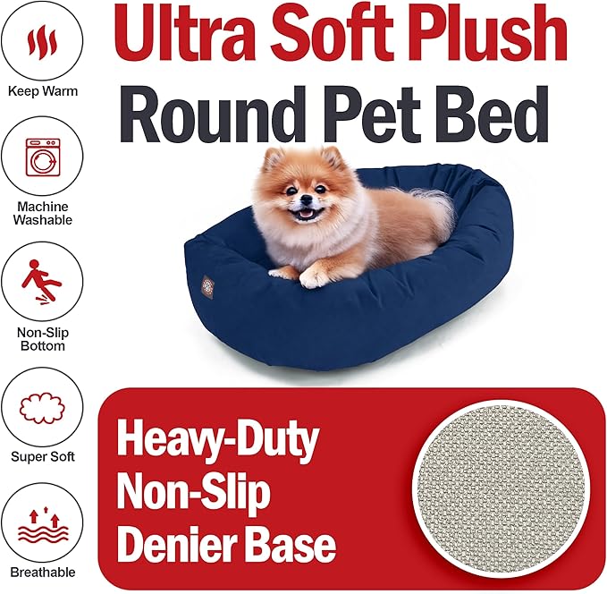 Majestic Pet 24 Inch Suede Calming Dog Bed Washable – Cozy Soft Round Dog Bed with Spine Support for Dogs to Rest Their Head - Fluffy Donut Dog Bed 24x19x7 (Inch) - Round Pet Bed Small – Navy (2025)