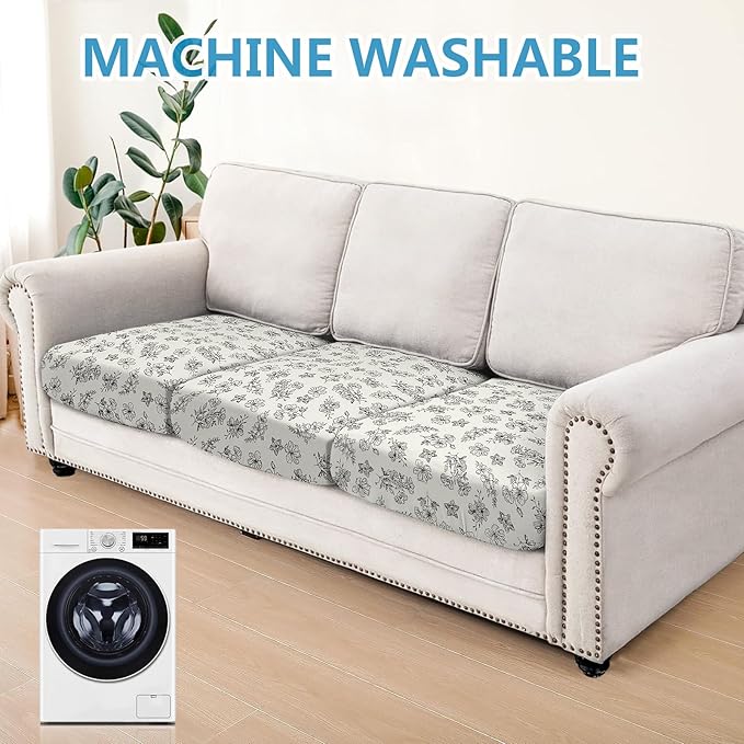 ANARACHON Leather Look Couch Cushion Covers Sofa Seat Slipcovers Sets Couches Furniture Protector for Sectional Armchair Loveseat Pets Kids Stretch Spandex Fabric (3 Cushion Sofa, Beige 01Flower)