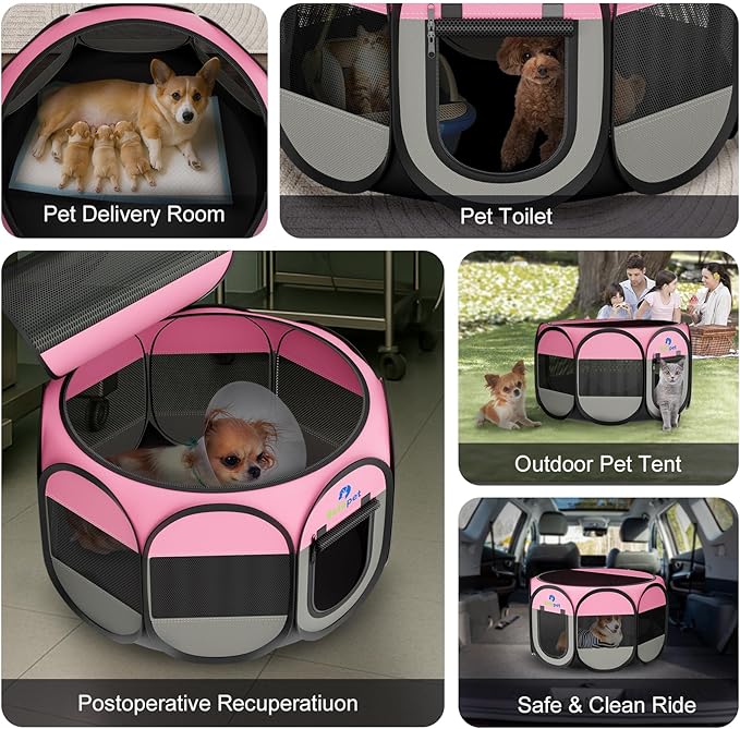 Playpen for Small Dogs Cats Crate: Puppy Play Pen Indoor Outdoor Foldable Potable Exercise Cage Pop up Kennel for Guinea Pig Rabbits Hamster Travel with Carrying Case & Food Bowl (Pink, M, 1)