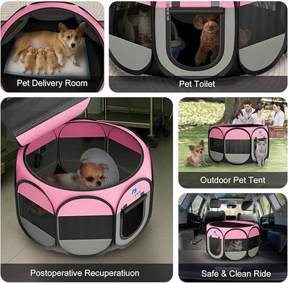 Playpen for Small Dogs Cats Crate: Puppy Play Pen Indoor Outdoor Foldable Potable Exercise Cage Pop up Kennel for Guinea Pig Rabbits Hamster Travel with Carrying Case & Food Bowl (Pink, M, 1)