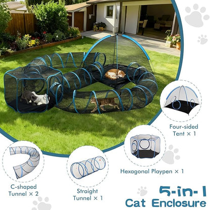 Outdoor Cat Enclosure, 5-in-1 Cat Tent Outdoor Pet Playpen with Tunnel, Portable Catio Play Pen for Outside and Indoor cat Enclosure with Storage Bag for Kitty and Small Animals