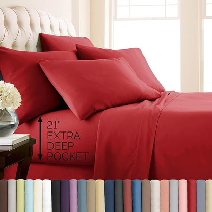 Southshore Fine Living, Inc. 4-Piece Microfiber Sheets Twin Size Bed Set, 21-Inch Deep Pocket Twin Sheet Set, Extra Deep Pocket Fitted Sheet, Red Pillow Cases Standard Size, Red Sheets, Chili Pepper