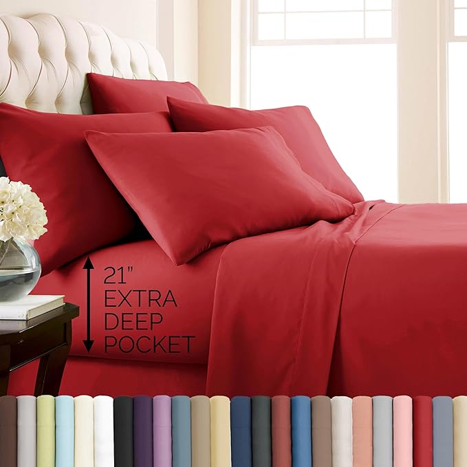 Southshore Fine Living, Inc. 6-Piece Full Sheet Set, Premium Bedding, 21-Inch Deep Pocket Full Size Sheets Set, Deep Pocket Fitted Sheet, Queen Pillow Cases, Red Sheets, Red Pillow Cases, Chili Pepper