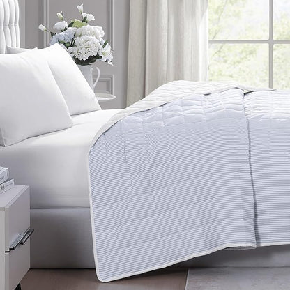 Casa Platino Pre-Washed Twin Size Bed Blanket - Lightweight, All Season, Premium Reversible Down Alternative - Ticking Stripe Blue, White