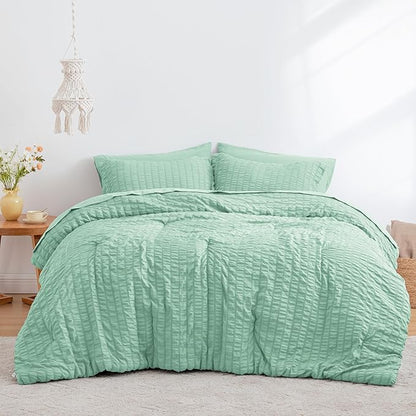 Love's cabin Seersucker Light Green King Size Comforter Set, 7-Piece All Season Lightweight Bed in a Bag Bedding Set with Comforter, Flat Sheet, Fitted Sheet, Pillowcases and Shams | Soft, Breathable, Lightweight