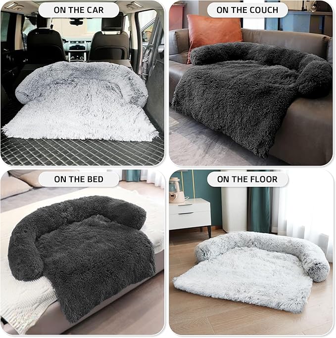Calming Dog Bed Fluffy Plush Dog Mat for Furniture Protector with Removable Washable Cover for Large Medium Small Dogs and Cats (Large, Light Grey)