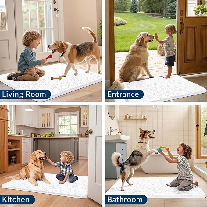 Smiry Dog Door Mat for Muddy Paws 59x24, Absorbs Moisture and Dirt Doormat, Non-Slip Washable Quick Dry Chenille Front Door Mat Indoor Entrance, Entryway Carpet for Inside Floor, White
