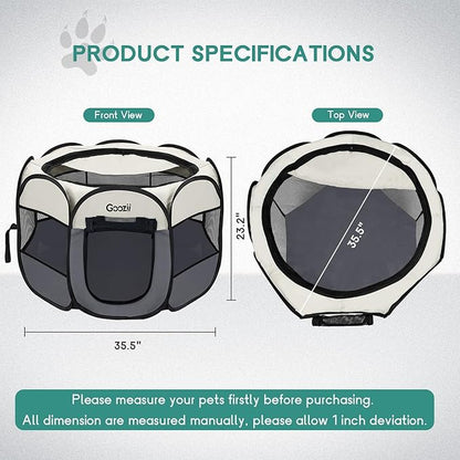Goozii Pet Cat Playpen for Indoor Cats Enclosed, Puppy Dog Play Pen for Outdoor Travel Camping (Medium Size, Beige & Dark Grey)